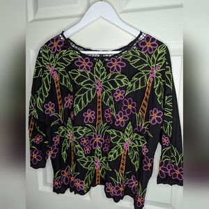Vanity collection black shirt beaded Pink tropical embellishments size large